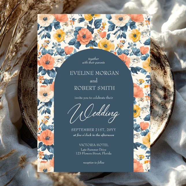Convites Pêssego de aranha-do-boho, flores amarelas e creme (colorful watercolor cottage wild flowers orange cream and dark blue wedding invitation)