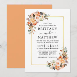 Convites Pêssego de Casamento de Frame Dourado Floral de Wa