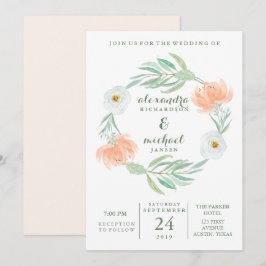 Convites Pêssego delicado floral e eucalipto | que Wedding