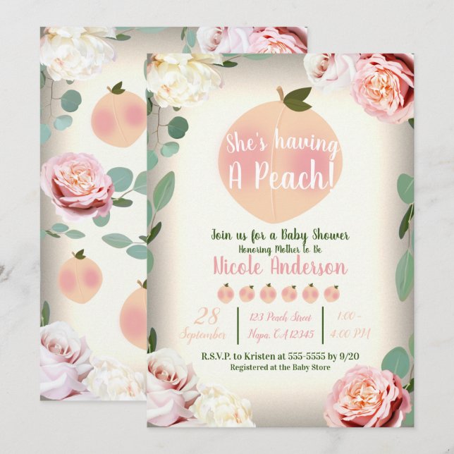 Convites PÊSSEGO DOCE Charme Floral Sulista Chá de Bebê (Frente/Verso)