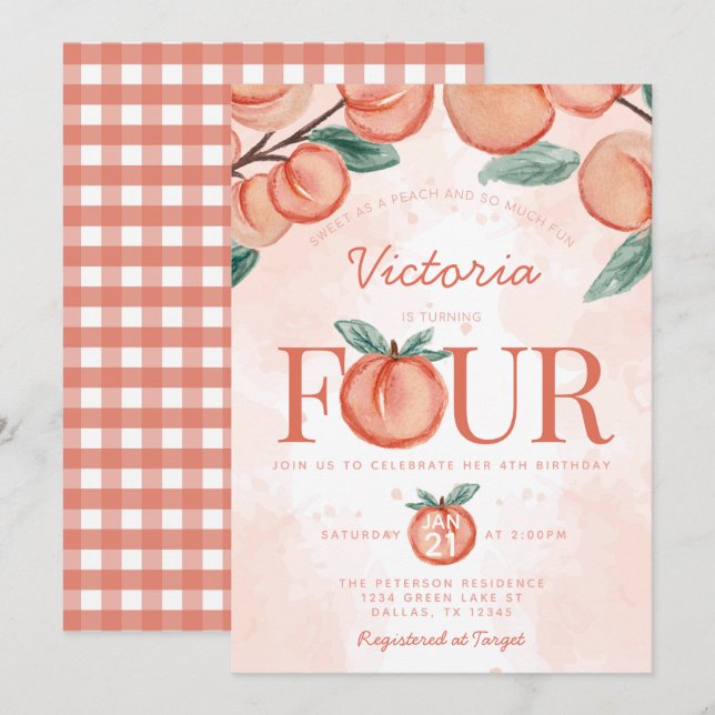 Convites Pêssego doce girando 4° aniversário (Frente/Verso)
