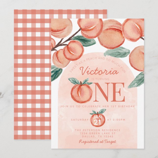 Convites Pêssego doce girando um primeiro aniversario (Frente/Verso)