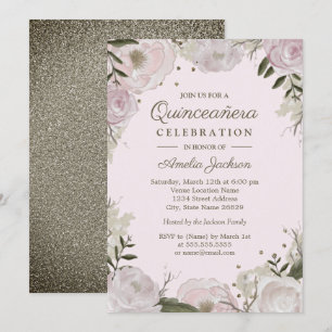 Convites Pêssego Dourado Floral Quinceanera