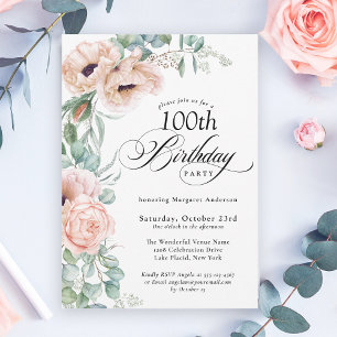 Convites Pêssego e Bege Floral Aquarela Aniversário de 100