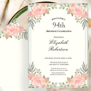 Convites Pêssego e Floral Verde Salvia 94º Aniversário