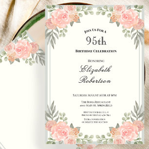 Convites Pêssego e Floral Verde Salvia 95º Aniversário