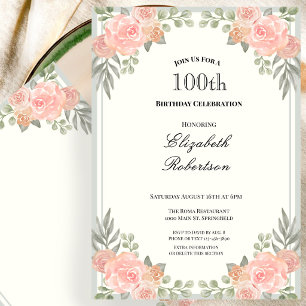 Convites Pêssego e Floral Verde Salvia Aniversário de 100 a