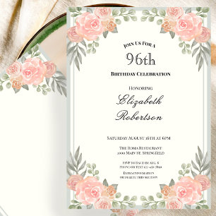 Convites Pêssego e Floral Verde Salvia Aniversário de 96 an