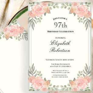 Convites Pêssego e Floral Verde Salvia Aniversário de 97 an