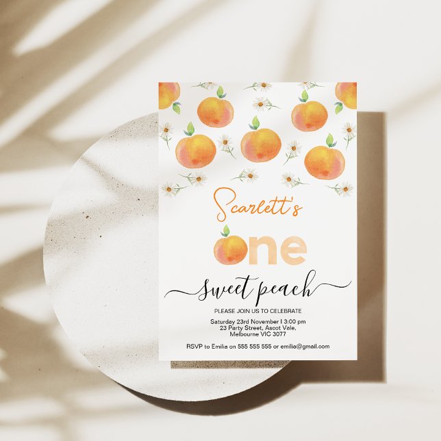 Convites Pêssego E Margarida Um Doce primeiro aniversario D (Girls One Sweet Peach First Birthday Invitations, One Sweet Peach invite, 1st Birthday Invitations)