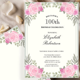 Convites Pêssego e Verde Musgo Floral 100º Aniversário