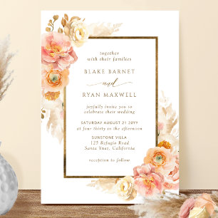 Convites Pêssego Elegante, Blush e Cream Floral Casamento
