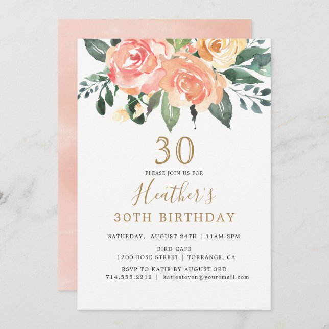 Convites Pêssego Elegante e aniversário de 30 anos Floral D (Frente/Verso)