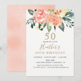Convites Pêssego Elegante e Floral Dourada 50º Aniversário