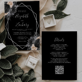Convites Pêssego Floral Preto Código QR Moldura Prata Casam