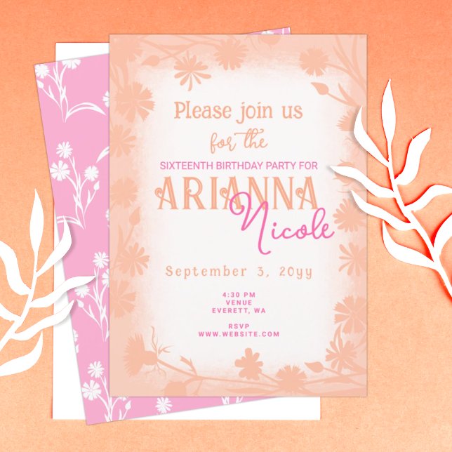 Convites Pêssego, Flores Selvagens Rosa Doce 16 Aniversário (peach pink sweet 16 sixteen birthday party invitation wild flowers daisies spring summer template)