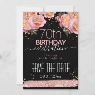 Convites Pêssego Glitter Floral 70º Aniversário Salve a Dat
