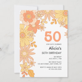 Convites Pêssego Laranja Retro Groovy 50º Aniversário
