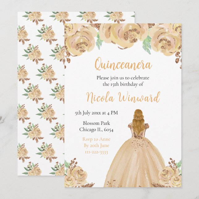 Convites Pêssego Loiro Princesa Peach Floral Quinceanera (Frente/Verso)