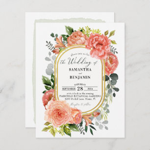 Convites Pêssego Orçamental Blush Floral Dourado Casamento 