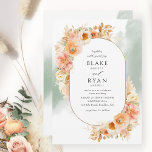 Convites Pêssego Pêssego Nado e Casamento Sage Oval<br><div class="desc">Aprecie seus convidados com este elegante convite de casamento que contém elementos florais requintados de cor d'água que rodeiam seus detalhes de casamento sobre o quadro oval e delicada mancha de cor verde-d'água delicada e suave. Flores, folhagem e erva-pampas numa bela mistura de pêssego, laranja, rosa-pincel, creme e matizes de...</div>