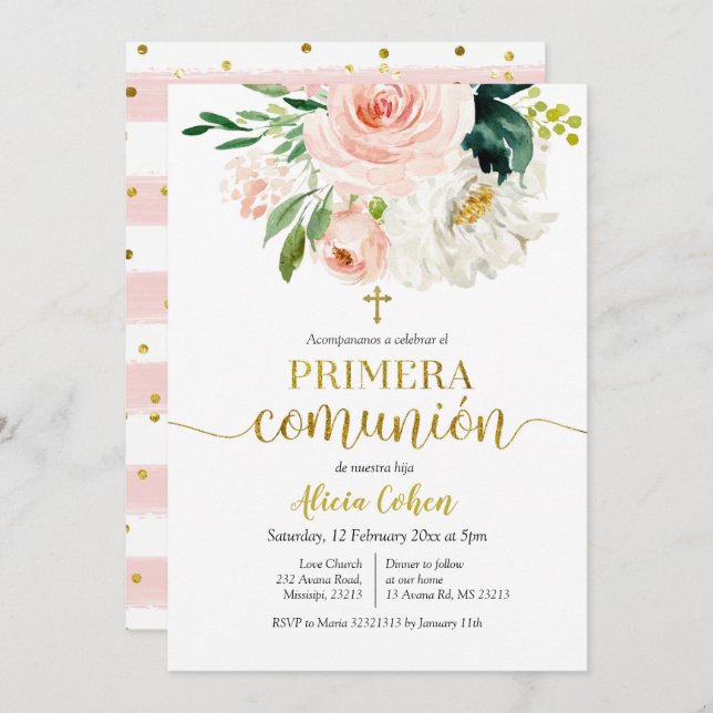 Convites Pêssego Pink Floral Primera comunión Invitación (Frente/Verso)