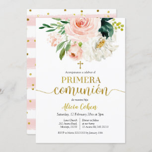 Convites Pêssego Pink Floral Primera comunión Invitación