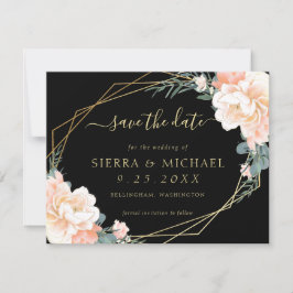 Convites Pêssego Preto Elegante Floral Dourado Salve a Data