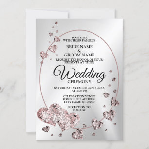 Convites Pêssego Rosa de Casamento Corações Brilhantes Geom