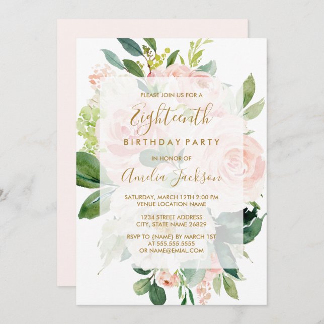 Convites Pêssego Rosa Elegante Bloom 18ª Festa de aniversár (Frente/Verso)
