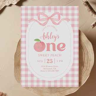 Convites Pêssego Rosa Gingham Primeiro Aniversário