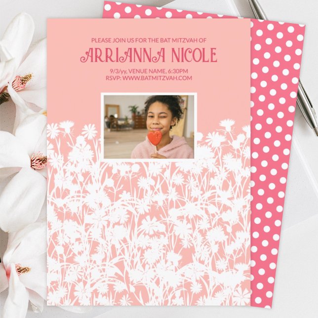 Convites Pêssego, Rosa Mauve, Flores Brancas Bat Mitzvah (peach pink white wild flowers meadow spring springtime bat mitzvah invitations pink polka dots)