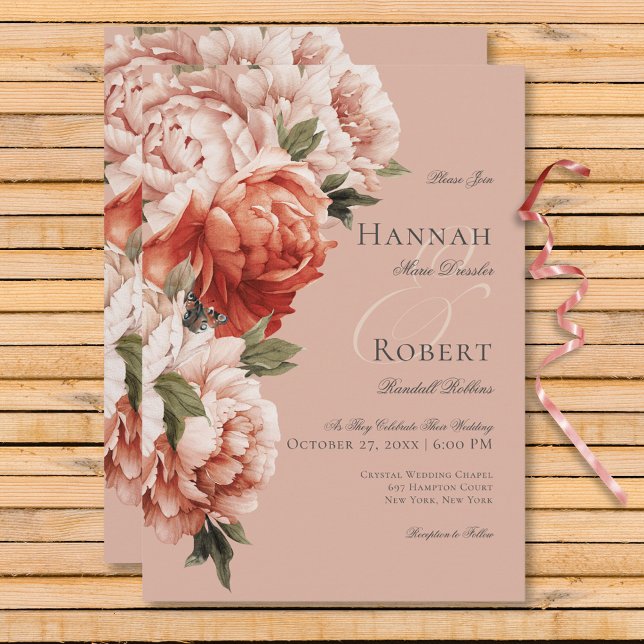 Convites Pêssego Russo e Pedras de Ferrugem no Casamento de (Rustic Peach & Rust Peonies on Peach Wedding Invitation)