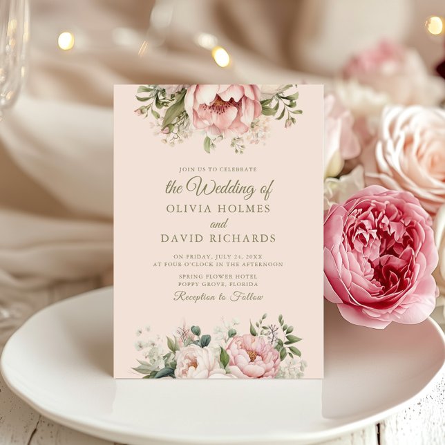 Convites Pêssego Suave e Casamento Floral Rosa Esbranquiçad (Soft Peach and Blush Pink Floral Wedding Invitation on an elegant wedding table with peonies)