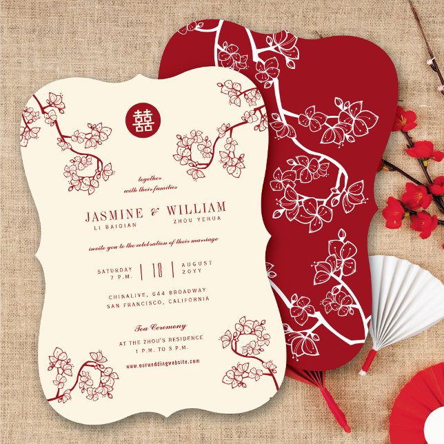 Convites Pêssego Vermelho/Ameixa Brilha Dupla Felicidade Ca (Red/Ivory Peach/Plum Blossoms Double Happiness Chinese Wedding Invitation @ fatfatin_red_knot)