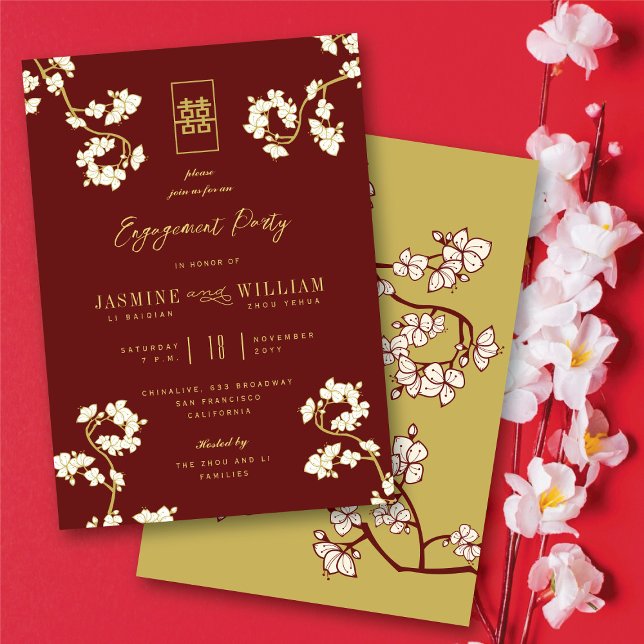 Convites Pêssego Vermelho/Pêssego Blossomo Quic Floral Asiá (Burgundy Red Peach/Plum Blossoms Chic Floral Asian Engagement Party Invitation @ fatfatin_red_knot)