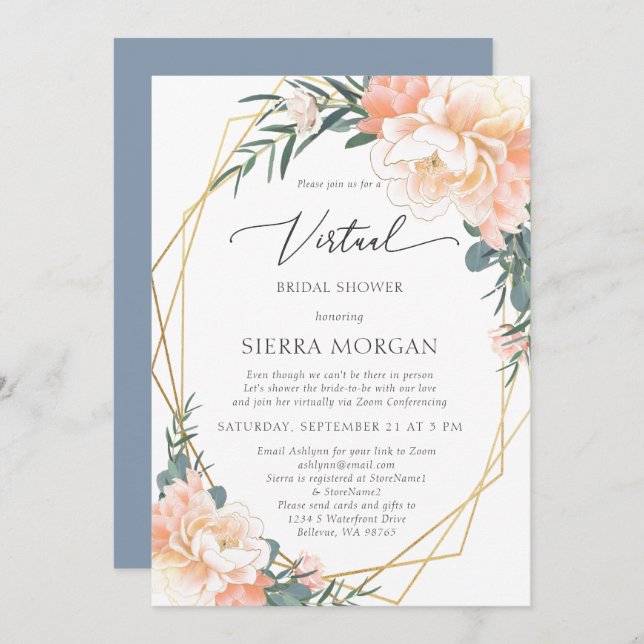 Convites Pêssego Virtual - Chá de panela Azul Dourado Dusty (Frente/Verso)