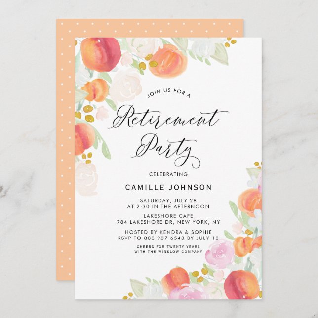 Convites Pêssegos e Flores de Aquarela (Frente/Verso)