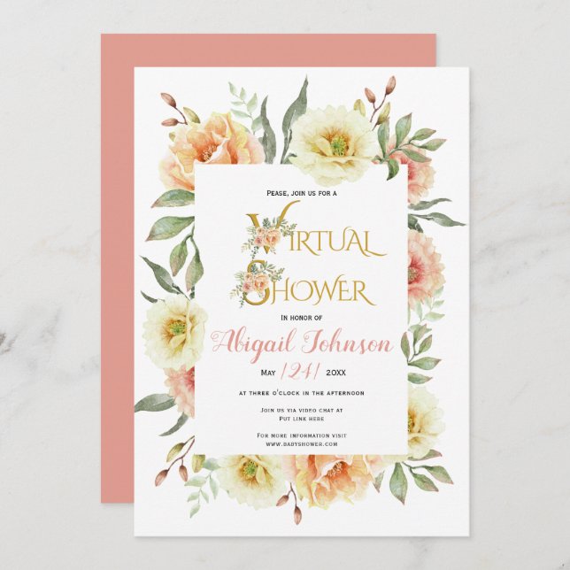 Convites Pêssegos flores de bebê ou chá de panela virtual (Frente/Verso)