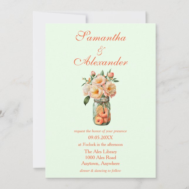 Convites Pêssegos num Casamento Floral Mason Jar Green (Frente)
