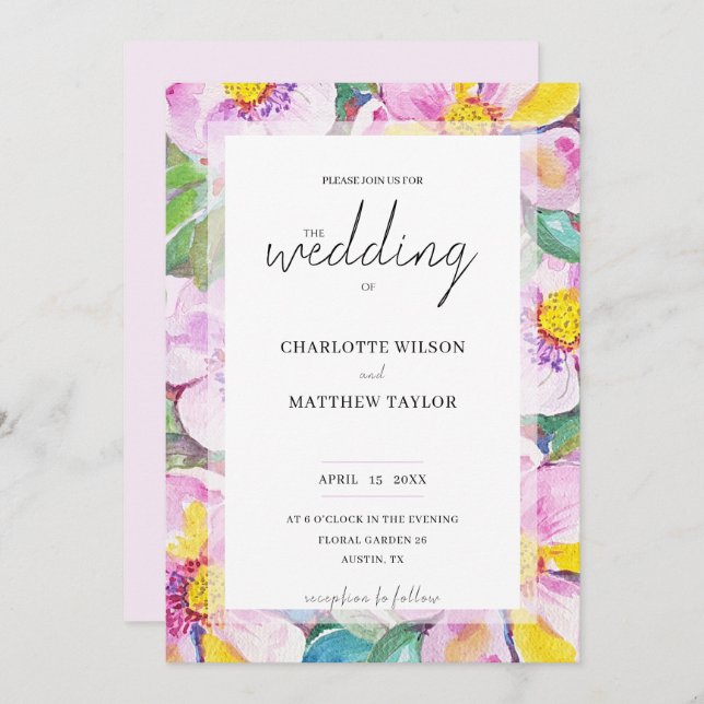 Convites Pêssegos Românticos Elegantes Flores Aquáticas (Frente/Verso)