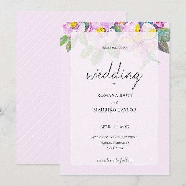 Convites Pêssegos Românticos Elegantes Flores Aquáticas (Frente/Verso)