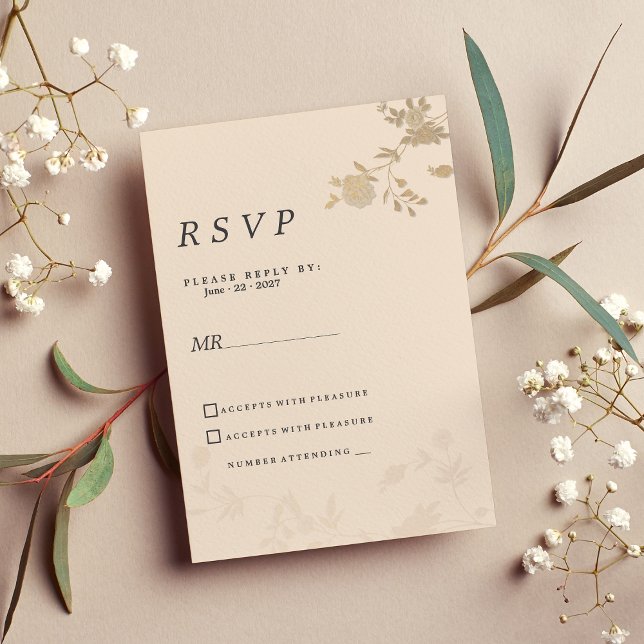 Convites Pessegueira de ouro elegante RSVP floral romântico (Elegant gold blush peach romantic floral RSVP)