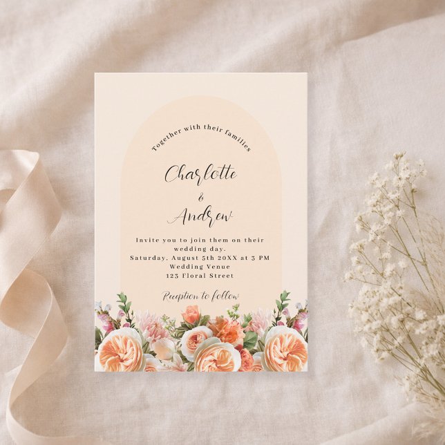 Convites Pessegueiro cor-de-rosa laranja floral casamento (Criador carregado)