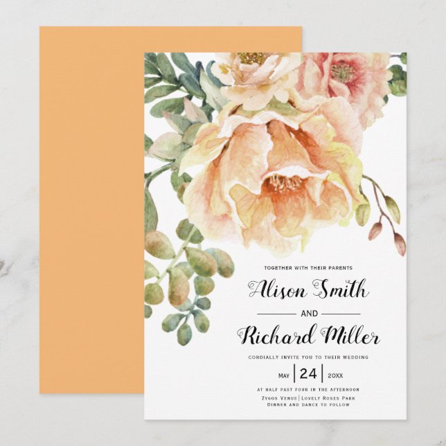 Convites Pessegueiro de aquarela flores tipografia casament (Frente/Verso)