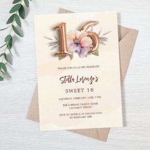 Convites Pessegueiro de rosa floral Sweet 16 luxuoso