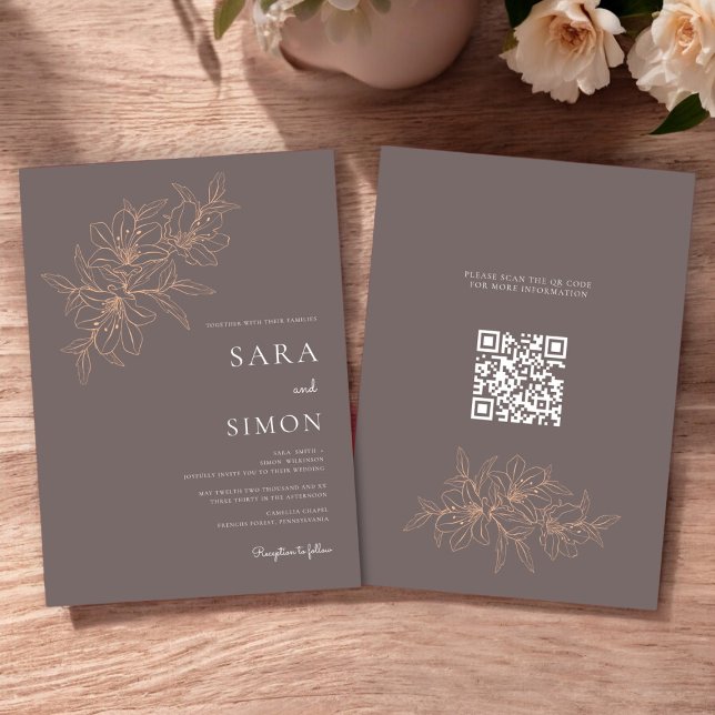 Convites Pessegueiro floral com código qr moderno (modern rustic peach floral wedding invitation with qr code for your wedding website )