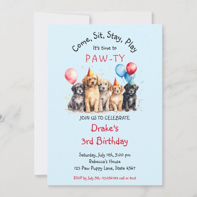 Convites Pet Puppy Dog Birthday Pawty (Frente)