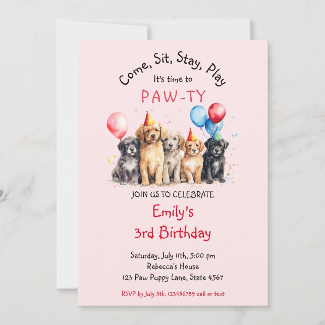 Convites Pet Puppy Dog Birthday Pawty (Frente)