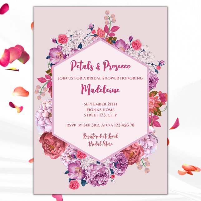 Convites Petais E Chá de panela Floral Prosecco (petals and prosecco bridal shower invitation pink floral wreath)